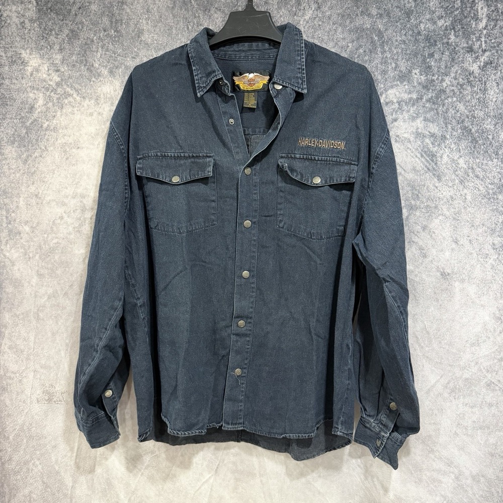 harley davidson Women's Button Snap Blue Denim Long Sleeve Shirt XL Motorcycle